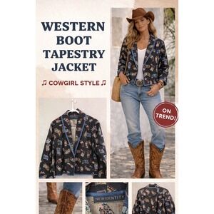 VTG  Tapestry Cowboy Boot Jacket  L Western Concho Button Rodeo Cropped Novelty